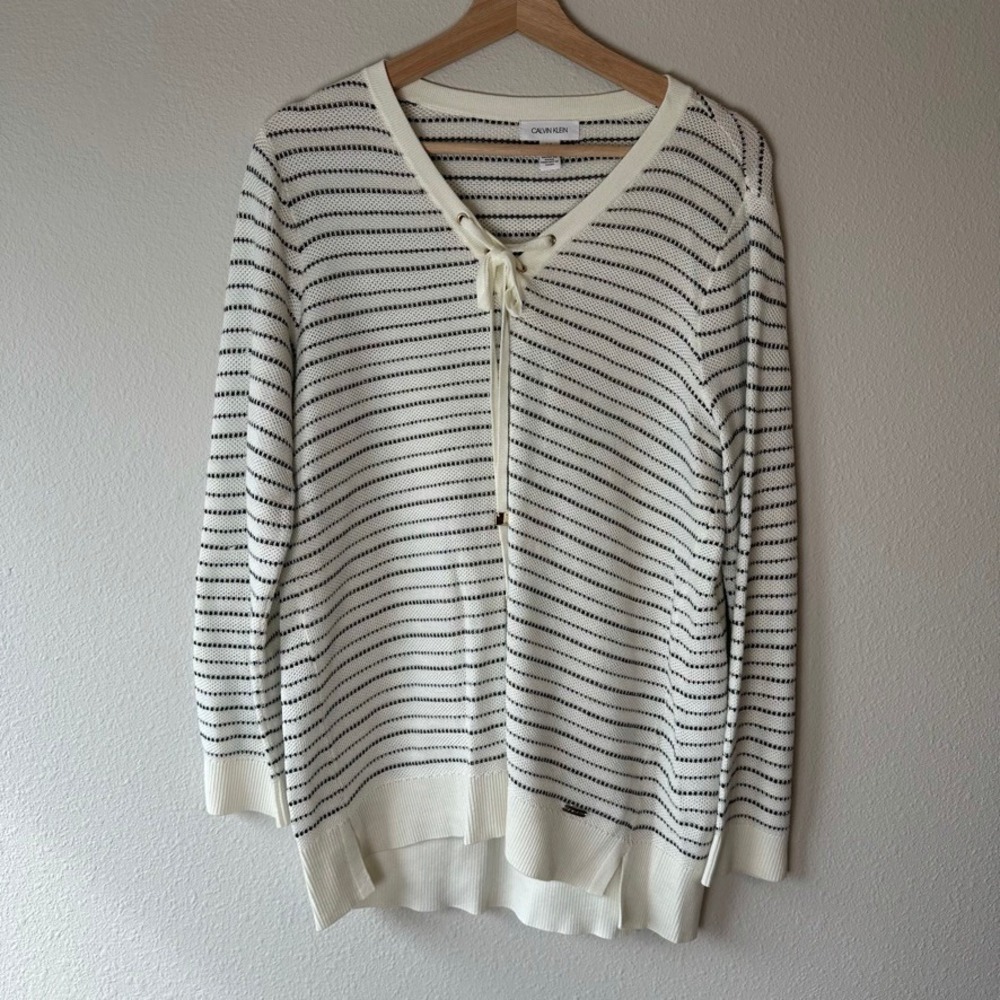 Calvin‎ Klein Womens Cream Black Gold Striped Lace Up V-Neck Sweater Size L